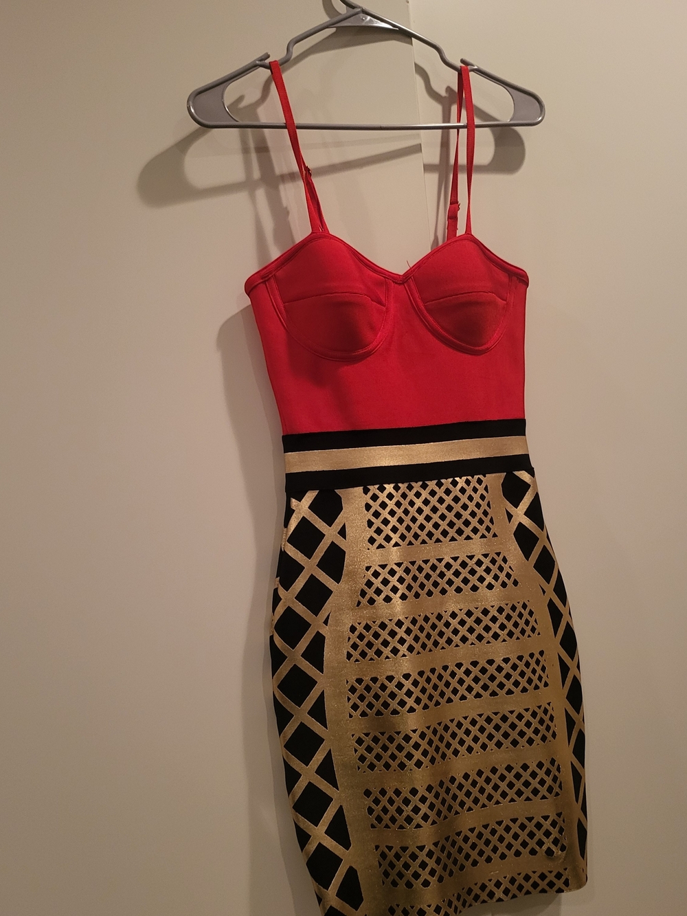 Red & Gold Contrast Bodycon Mini Dress with Black Accents
